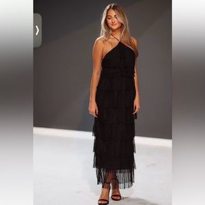 Wedding guest midi Black Halter Tiered Pleated Tulle Dress